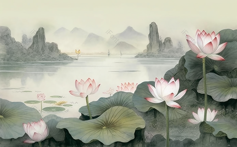 荷叶立夏平静湖面云雾缭绕荷花盛开国风水墨画插画,插画/手绘图,插画/手绘图库,插画/手绘图下载,插画/手绘